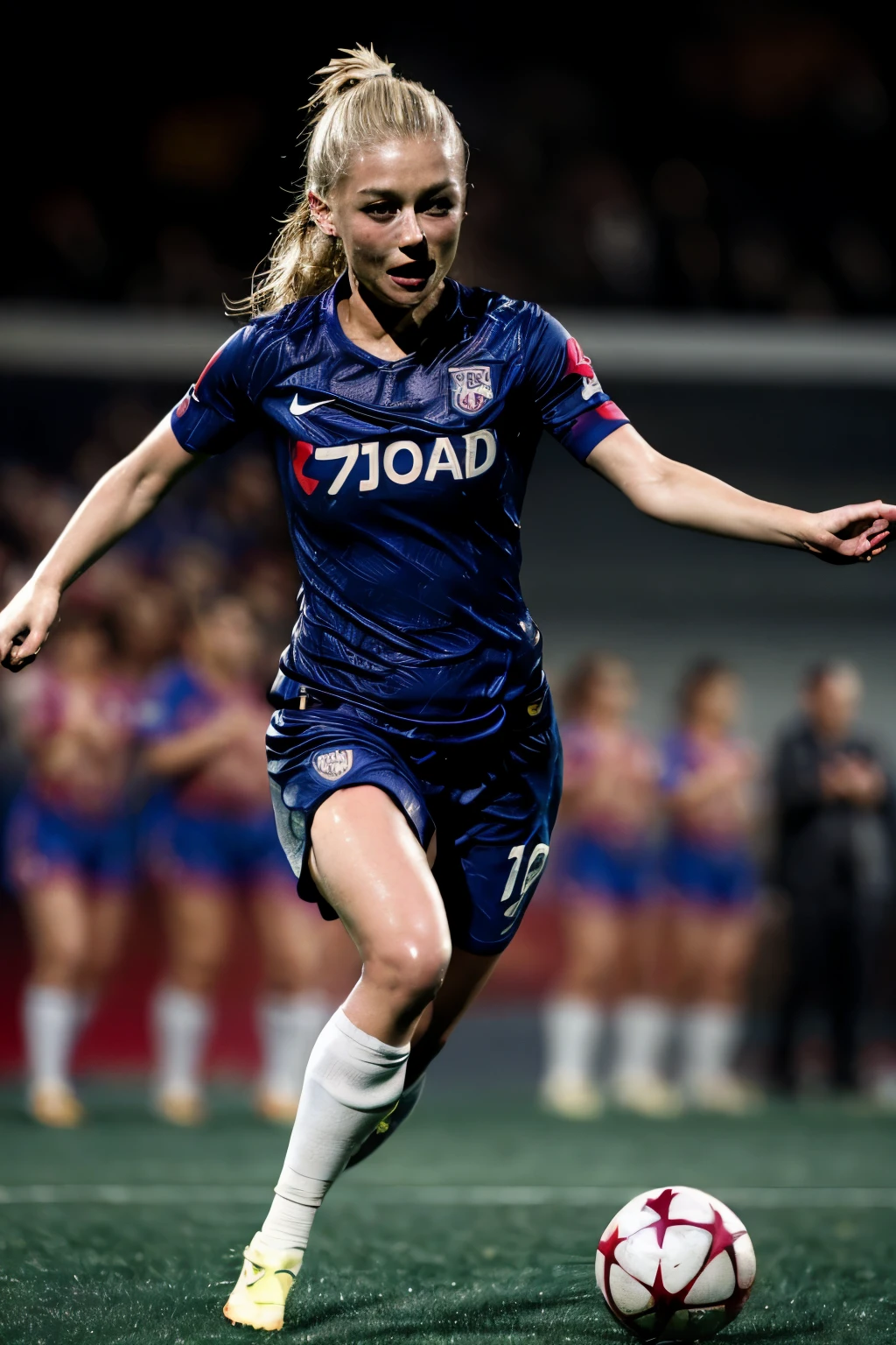 A Cute female soccer player is running after the ball inside soccer_field, motion trail, full body, beautiful muscles, Flowing blonde hair, wearing soccer_uniform, intense expression, Cinema Lighting, Vibrant colors, (Highest quality, High resolution, masterpiece, Super detailed, Realistic, photo realistic), Very detailed face and eyes, Very detailed, hyper Realistic, Professional photography, Dynamic Lighting, Dynamic action scenes, soccer stadium, Sports Photography