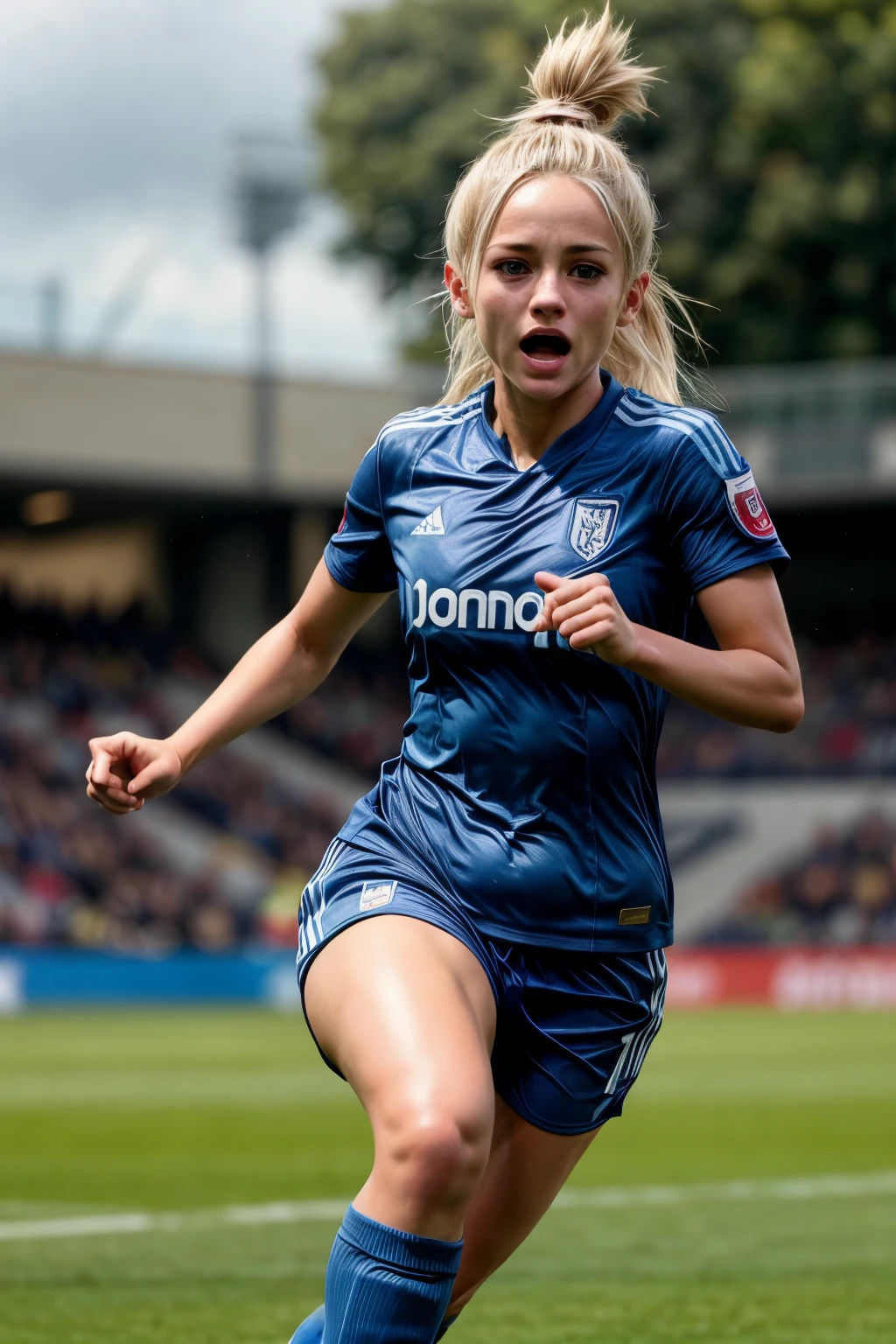 A Cute female soccer player is running after the ball inside soccer_field, (((motion trail, Dynamic Motion Blur))), full body, beautiful muscles, Flowing blonde hair, wearing soccer_uniform, intense expression, Vibrant colors, (Highest quality, High resolution, masterpiece, Super detailed, Realistic, photo realistic), Very detailed face and eyes, Very detailed, hyper Realistic, Professional photography, Dynamic Lighting, Dynamic action scenes, soccer stadium, Sports Photography