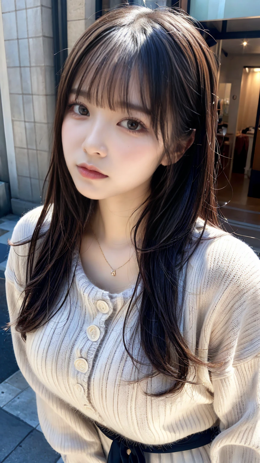 masterpiece, best quality, illustration, Super detailed, fine details, High resolution, 8K,wall paper, perfect dynamic composition, (beautiful detailed eyes:1.3), (Details High quality, realistic depiction of eyes:1.3), Big Natural Color Lip, bold sexy pose,crying a little, cold gaze, Harajuku style、20 year old girl、cute type、ta、good eyes, (full body:1.2), Big breasts, (Tight white see-through knitwear:1.2)