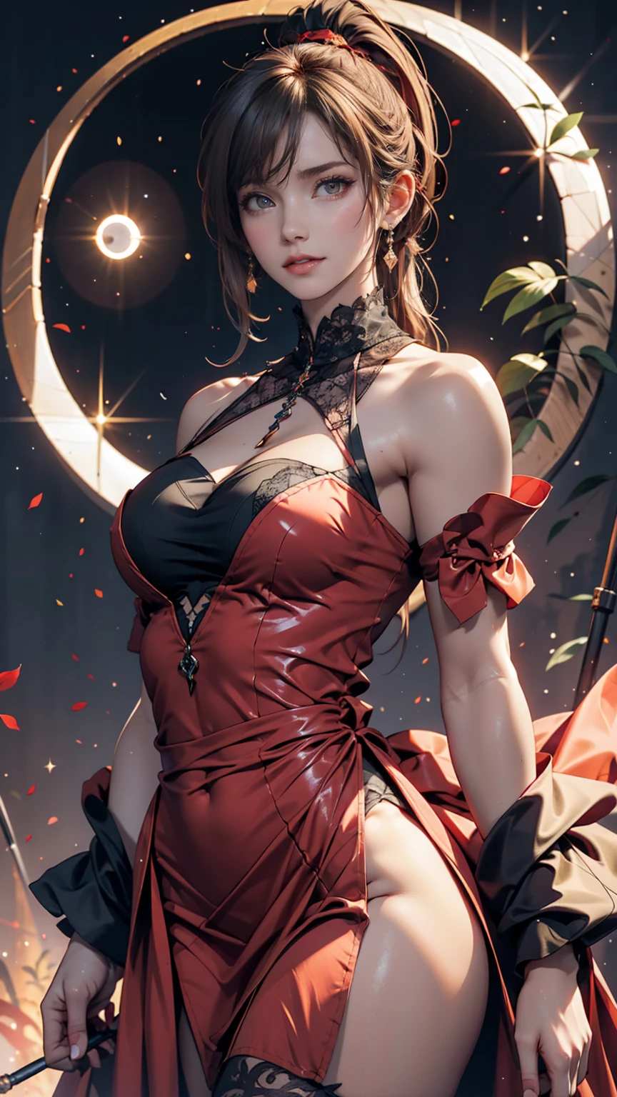 Yorbrier、

Super beautiful big glowing eyes、1girl in, in backlight, bare shoulders​, black backgrounds, Black Dress, Black Gloves, Dark hair, Bloods, Blood on the face, Blood in weapons, breastsout, Mouth closed, cowboy  shot, doress, 耳环, deadpan, Fingerless gloves, floting hair, with floral pattern, with floral pattern, florals, gloves, Gold Earrings, Gold Hair Band, flower in hair, hair adornments, shairband, ngel, holding weapon, jewely, large full breasts, light particules, length hair, looking at the viewers, Off shoulder dress、off shoulders、flower petals、red eyes、roses、Rose petals、Rose print、short hair with long locks、side locks、独奏、spikes、thighs thighs thighs thighs、two-sided dress、two-sided fabric、arma

、((​masterpiece))