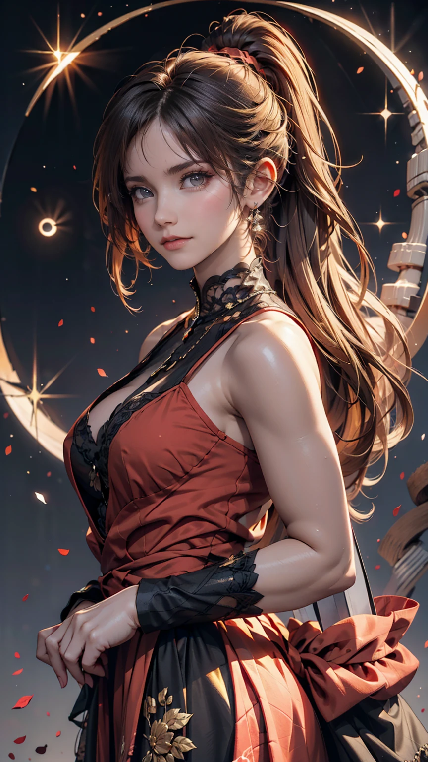 masterpiece, high quality, hcnone, Pixel art, One girl, Gray Hair, ponytail, Red Gothic Dress, Simple golden background, Death Gaze, Solar eclipse background