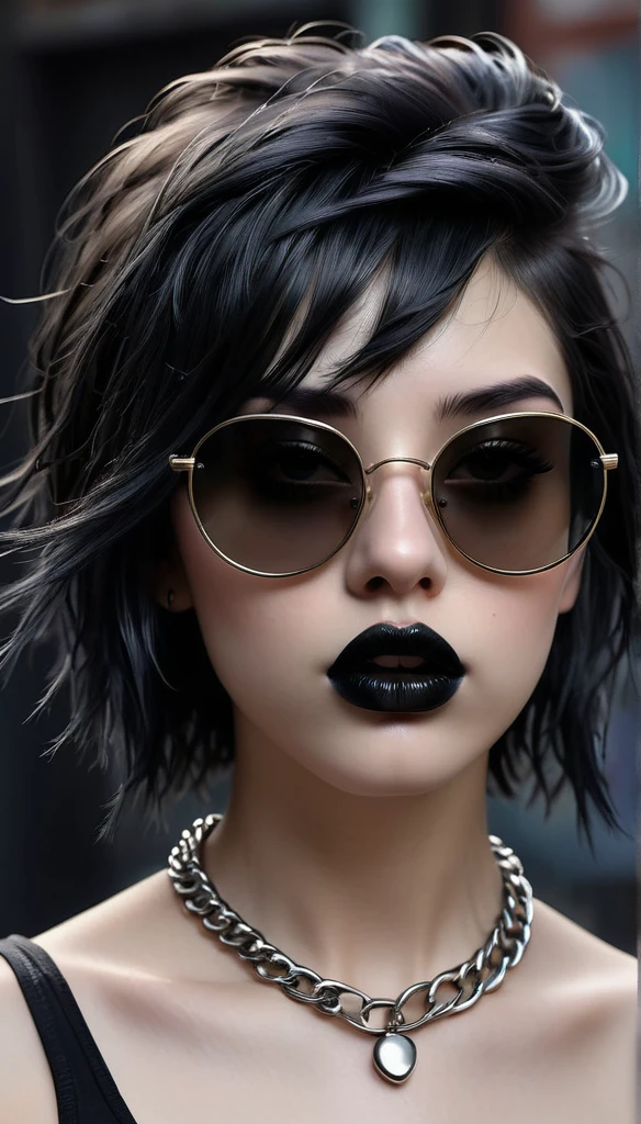 (best quality,4 k,8 k,higher ,masterpiece:1.2),ultra-detailed,(realistic,photorealistic,photo-realistic:1.37), punk girl thug style ultra realistic, Raw photo Realistic, black hair layered haircuts punk style, black sunglasses chain locket, black lips, black lipstick,dark room realistic light ultra detailed description cool face expression, delicate nose,long eyelashes, delicate lips ultra realistic, highly detailed HD wallpaper top Quality