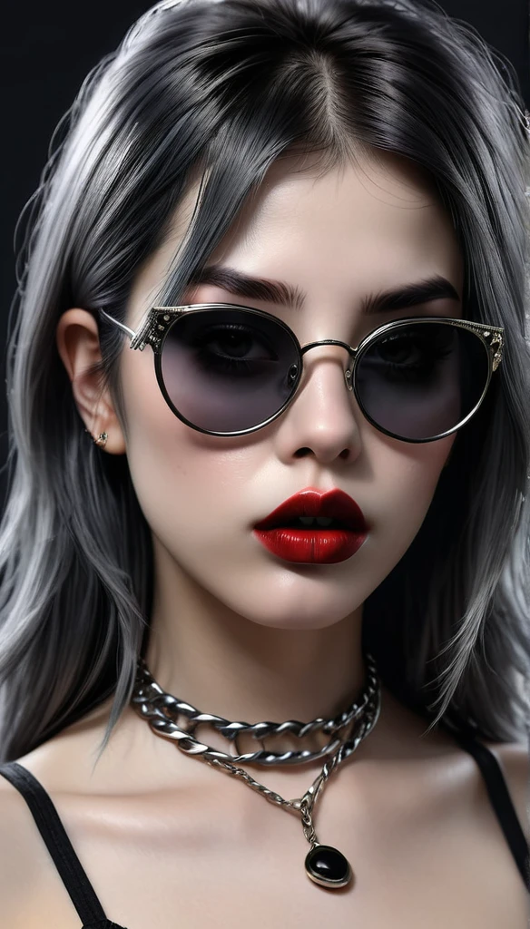 (best quality,4 k,8 k,higher ,masterpiece:1.2),ultra-detailed,(realistic,photorealistic,photo-realistic:1.37), punk girl thug style ultra realistic, Raw photo Realistic, black hair layered haircuts punk style, black sunglasses chain locket, black lips, black lipstick,dark room realistic light ultra detailed description cool face expression, delicate nose,long eyelashes, delicate lips ultra realistic, highly detailed HD wallpaper top Quality 