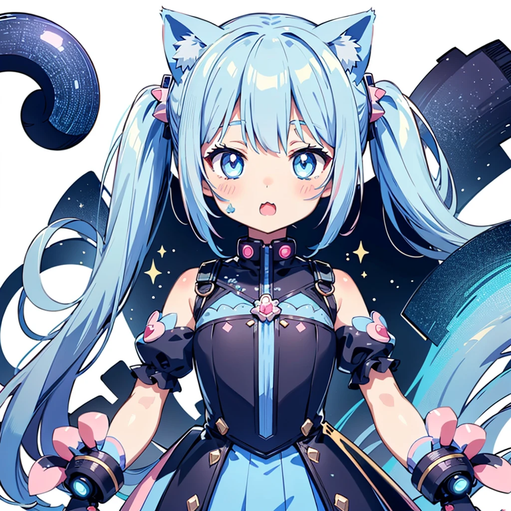 (Kawaii Character:1.4), Cyber Princess, She is immersed in cyber networks, (Special effects), masterpiece, Highest quality, Clear images, Clear images, Clear images, Unrealistic image, Highly detailed background,kawaii tech,Light blue pigtails and cat ears、Simple Background、White background:1.8、
