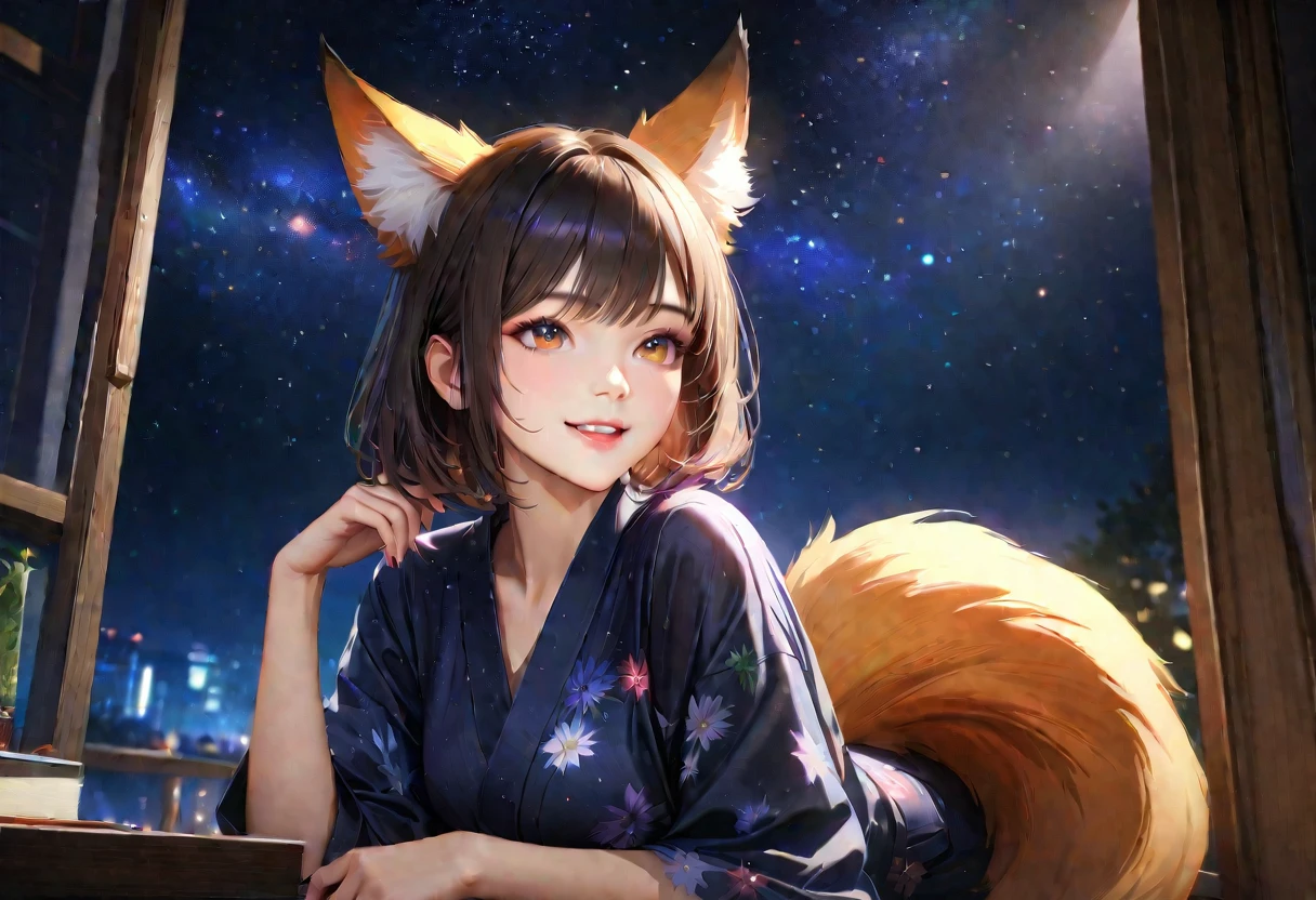 night, Starry Sky,Cute Yukata,Gazing at the sky,Fox ears and tail,high school girl,smile,Glitter effect,Highest quality, 8k, High resolution, masterpiece:1.2, Very detailed, Realistic:1.37, High resolution, 超High resolution, Ultra-fine painting, Very detailed, Professional, Vibrant colors