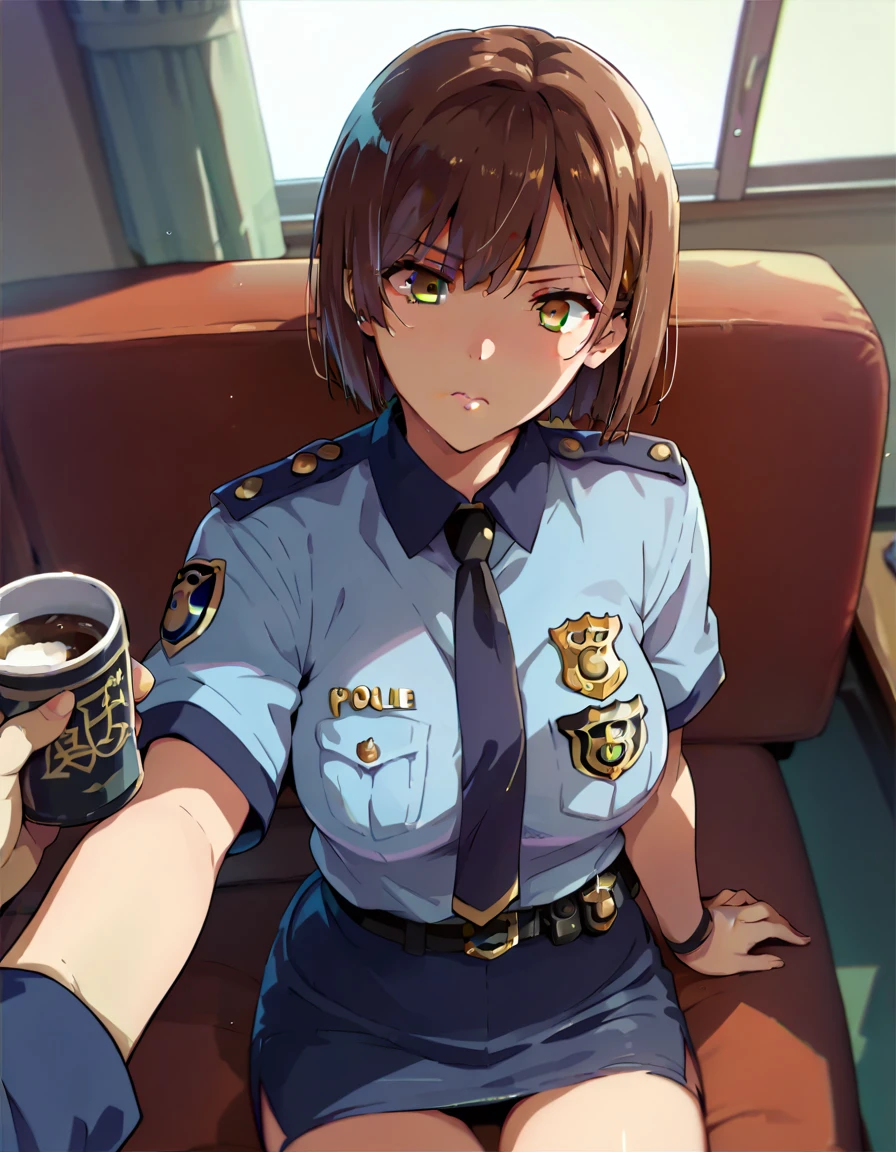 human, ((1girls)), 29 years old, Short Hair, brown hair, Yellow eyes, police japan uniform, short skirt, H Cup breast, 1m74, ((Takeda Hiromitsu style)), POV holding ID, Room work, sit on the sofa,