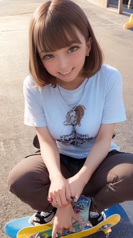 ((skateboard:1.3))One girl holding in her hands、T-Shirtini skirt with slit、smile、skateboard park、blue sky、Bob Hair、Brown Hair、Medium breast、masterpiece:1.3、Raw photo、Highest quality、Anatomically correct arms and legs、Anatomically correct fingers、