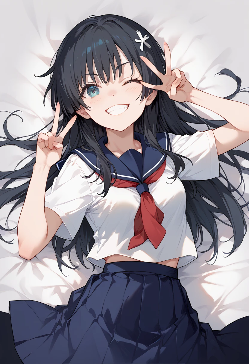 
(Saten Ruiko)(14-year-old female,Long Black Hair,Small breasts,Slim body,Hairpin)
(White Sailor Suit,Red tie,Blue Skirt)One eye closed,Grin,Double Peace