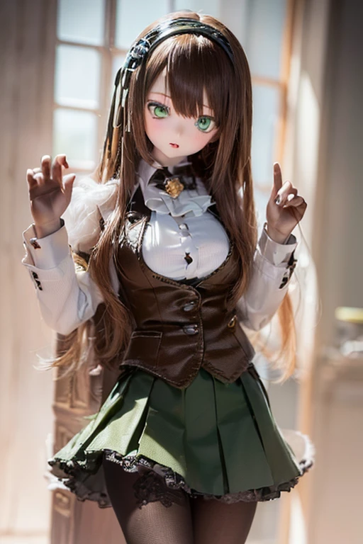 (SFW:2), photorealistic, realistic photo, 8k, ((highest quality)), ((masterpiece)), (extremely detailed), kukolnydom, doll, (mature woman, 21yo, 21 years old, looking at viewer, solo:1.6), ((cowboy shot, standing, slim, slender, skinny, medium breasts, hairband, ascot, dress shirt, long puff sleeves, pleated skirt, black pantyhose)), (green eyes, brown hair, long hair, plastic skin, glass eyes, gradient eyes, shining eyes, detailed eyes:1.3)