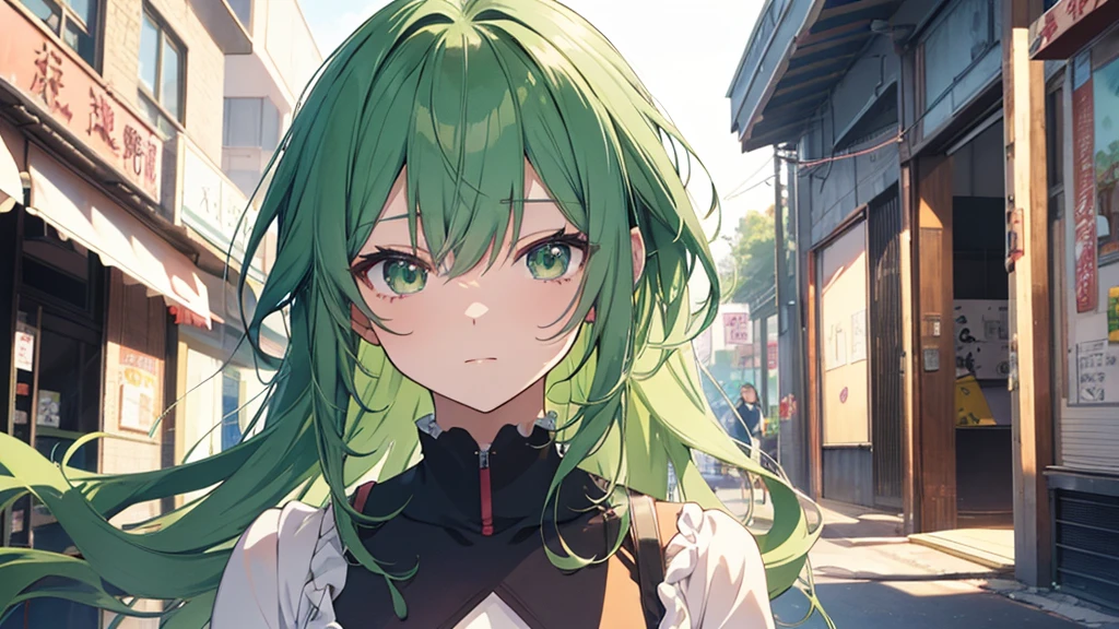Main female The background is blurred Draw only the upper body Green Hair Woman Beautiful Anime、 alone Gwys、Beautiful Anime girl、Beautiful Anime girl、Green Hair Anime Girl、Anime Style。8k、Bowwater Art Style、Beautiful digital illustrations、Beautiful character drawings、Stunning Anime Face Portraits LOFI Girl, Lo-fi art style,, Halfbeak, Anime atmosphere, 富士フイルムと混ぜたAnime Style, Digital anime illustration, Anime Wallpaper 4k Girl surrounded by food