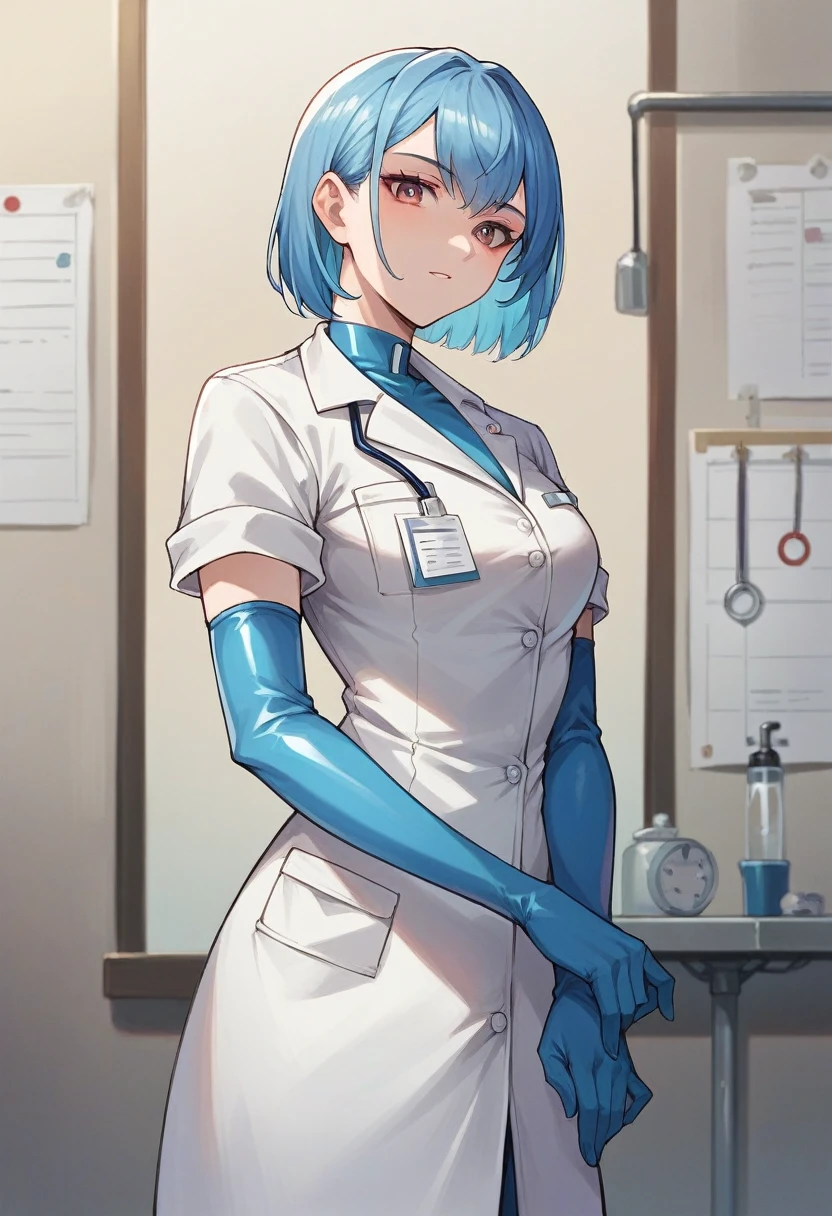 1girl, bangs, ((blue elbow gloves)), ((surgical gloves)), ((latex gloves)), ((long sleeves)), ((white surgeon outfit)), looking at viewer, ((doctor)), standing, solo