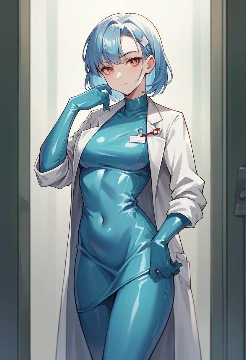 1girl, bangs, ((blue elbow gloves)), ((surgical gloves)), ((latex gloves)), ((long sleeves)), ((white surgeon outfit)), looking at viewer, ((doctor)), standing, solo