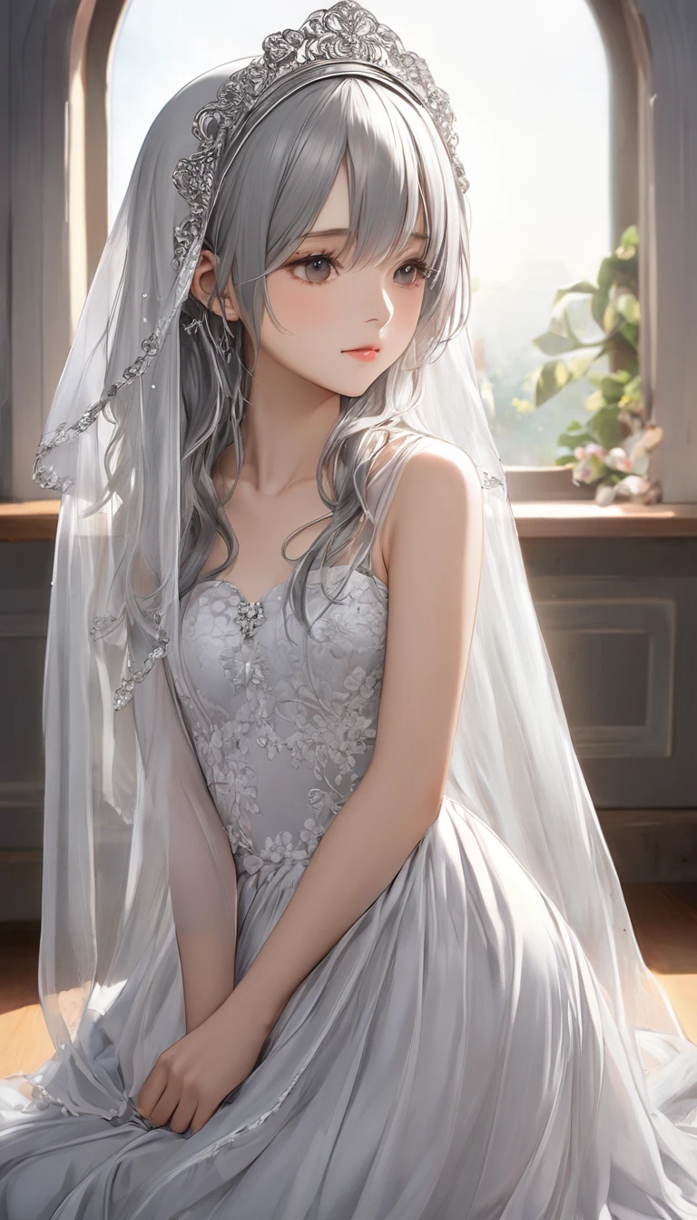 (masterpiece, Highest quality:1.2), One girl, alone,bony body、15 years old、Veil on head, Grey Veil, Gray Hair, Grey White, Gubes&#39;s art style, Arrogant and indifferent girl, Half-squinted, White eyes玉, White eyes, National style, Off-white