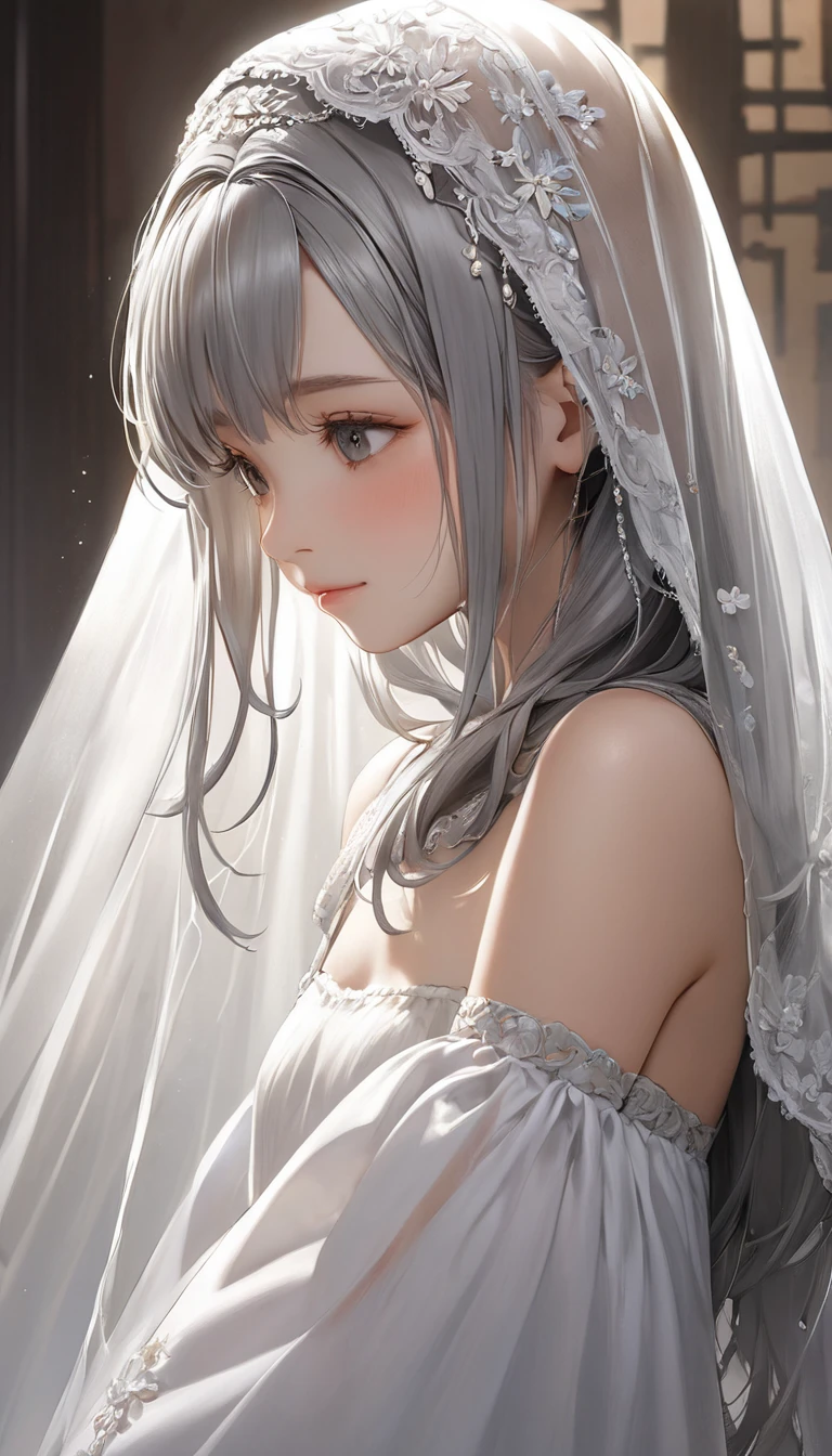 (masterpiece, Highest quality:1.2), One girl, alone,bony body、15 years old、Veil on head, Grey Veil, Gray Hair, Grey White, Gubes&#39;s art style, Arrogant and indifferent girl, Half-squinted, White eyes玉, White eyes, National style, Off-white