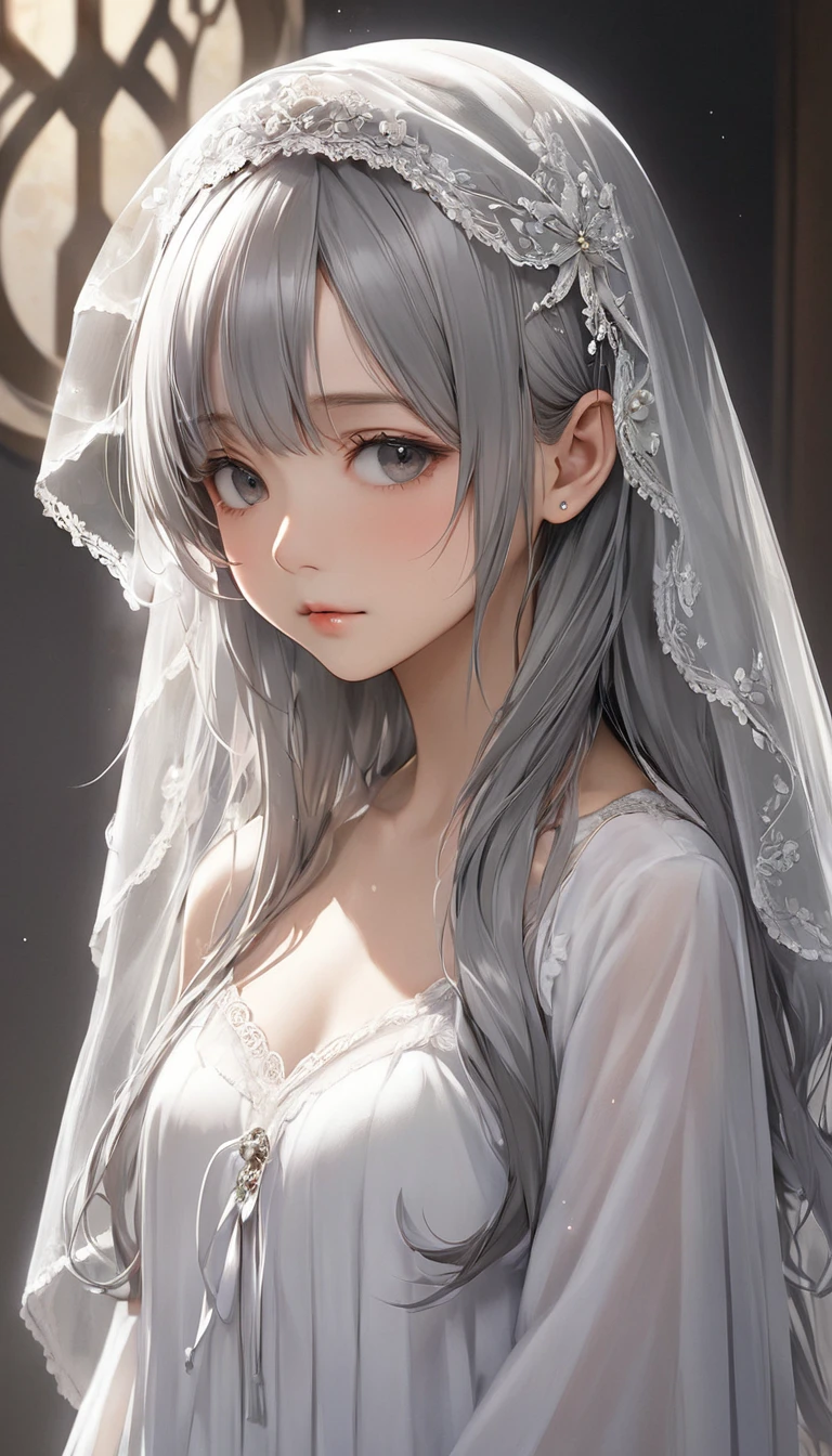 (masterpiece, Highest quality:1.2), One girl, alone,bony body、、Veil on head, Grey Veil, Gray Hair, Grey White, Gubes&#39;s art style, Arrogant and indifferent girl, Half-squinted, White eyes玉, White eyes, National style, Off-white
