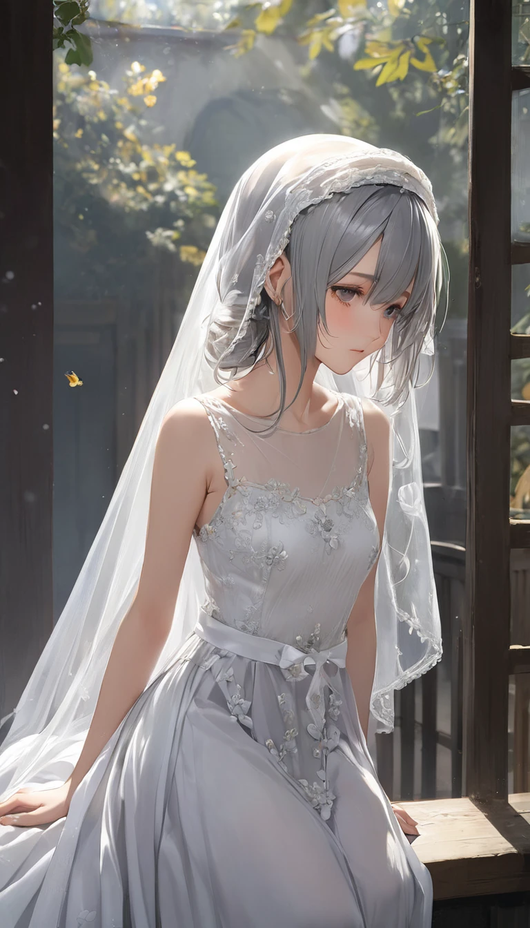 (masterpiece, Highest quality:1.2), One girl, alone,bony body、15 years old、Veil on head, Grey Veil, Gray Hair, Grey White, Gubes&#39;s art style, Arrogant and indifferent girl, Half-squinted, White eyes玉, White eyes, National style, Off-white