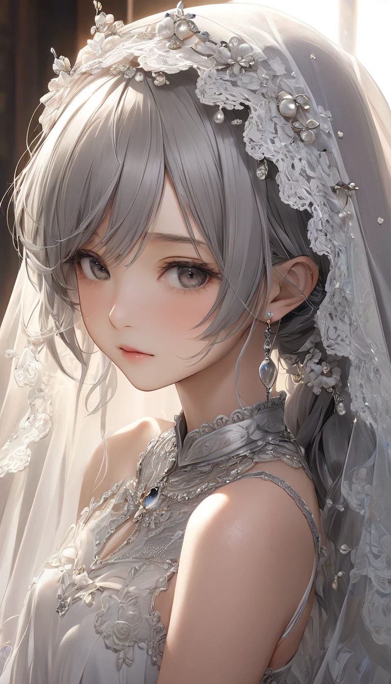 (masterpiece, Highest quality:1.2), One girl, alone,bony body、15 years old、Veil on head, Grey Veil, Gray Hair, Grey White, Gubes's art style, Arrogant and indifferent girl, Half-squinted, White eyes玉, White eyes, National style, Off-white