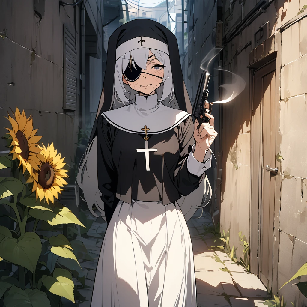 Top quality, masterpiece, high resolution, white hair, old woman, 70-year-old nun, nun's uniform, wrinkles on face, smoking cigarette, holding gun in one hand, cross eyepatch, sunflower, back alley