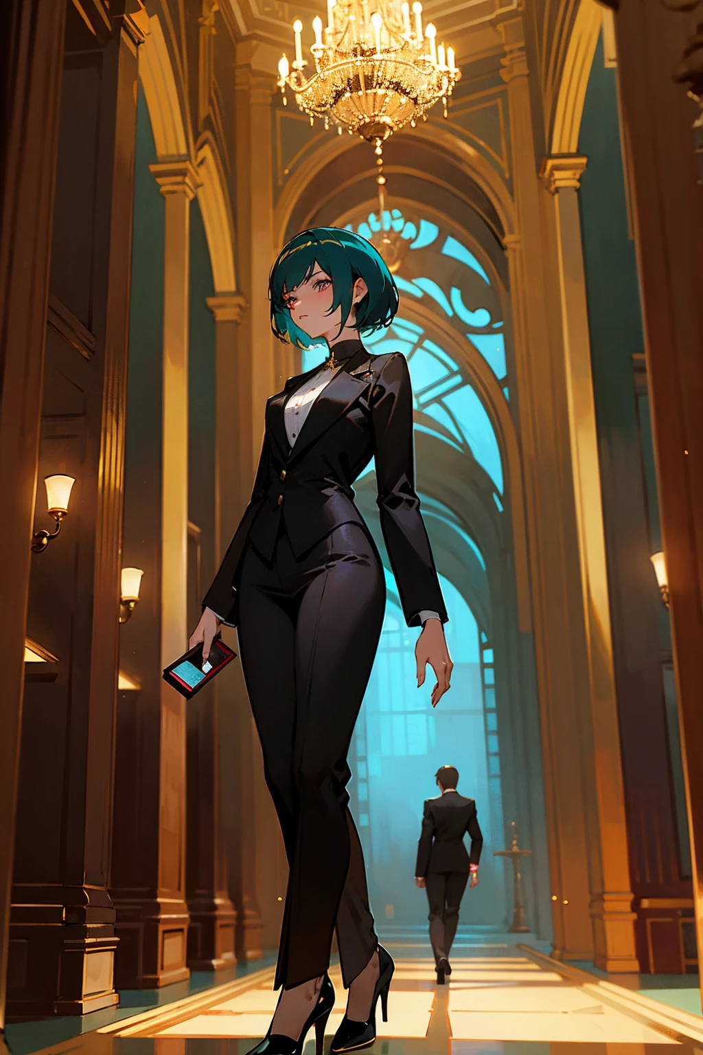 Masterpiece, 8k, a woman with sleek, short teal hair and golden eyes, dressed in a modern black suit with maroon accents, and high heels. The background features a grand, ancient library with towering bookshelves and glowing chandeliers. Standing on path