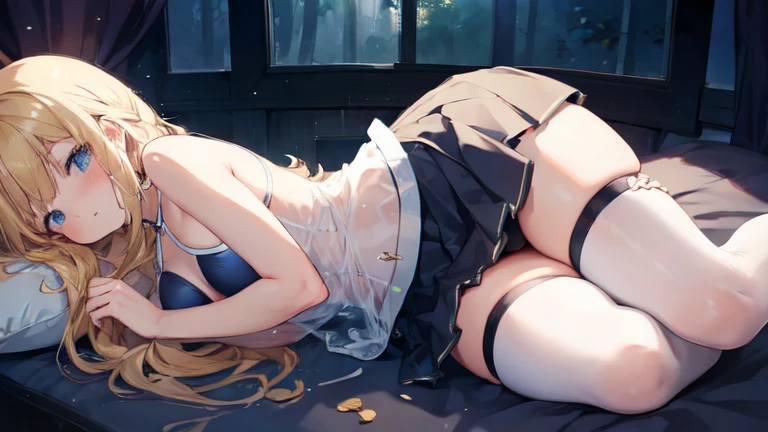 super high quality, Super detailed, Ultra-clear, forest, one person, long blonde hair, sleep, Swimsuit, beautiful color clothes, mini skirt, Stockings, Sexy