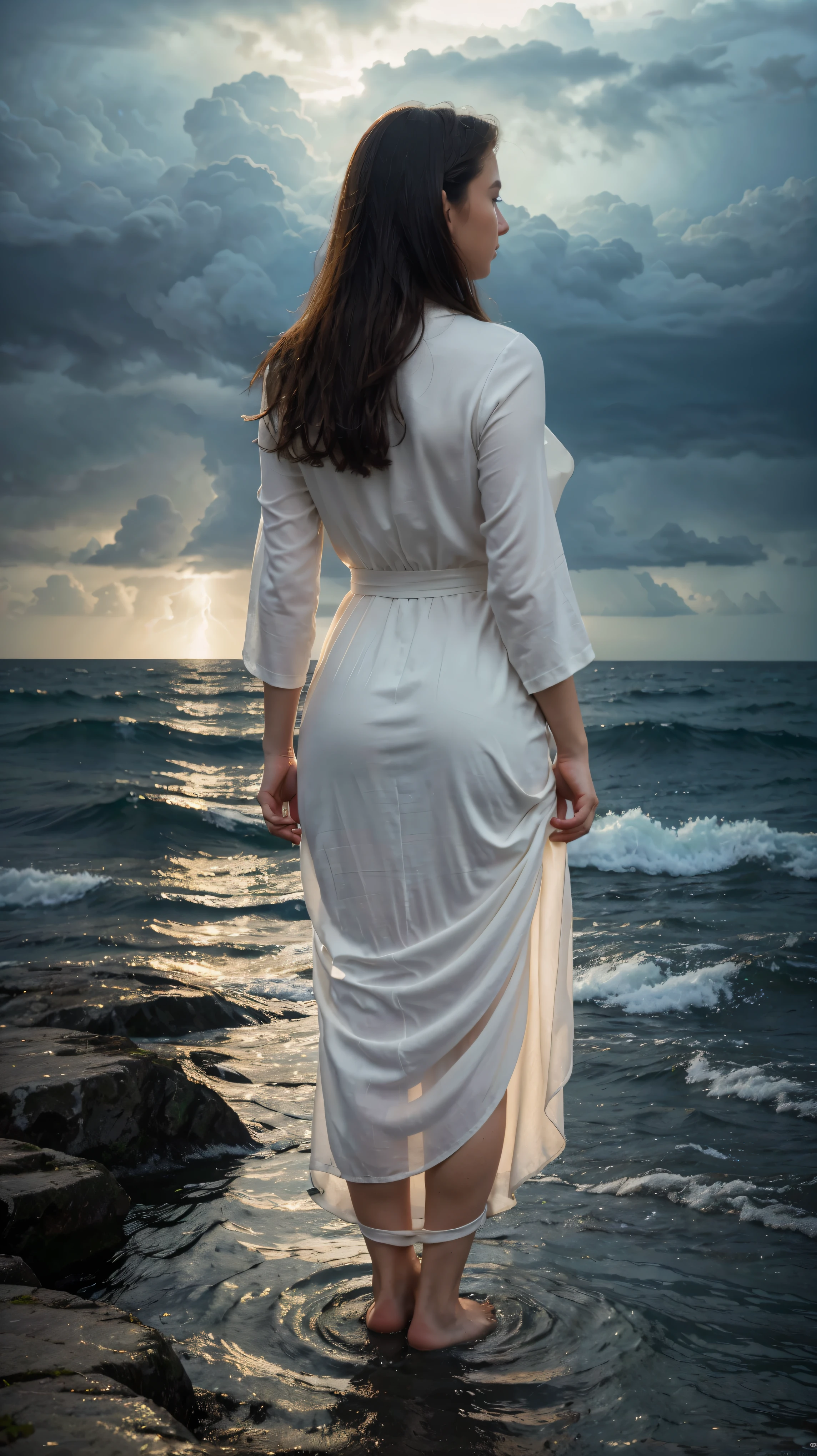 best quality,4k,8k,Ultra high resolution ,masterpiece:1.2),ultra-detailed,(realistic,photorealistic,photo-realistic:1.4), Jesus, clothed in a great white robe, sits above the raging sea. The sky is covered with dark clouds.
Full body back view,back view,
Hyper-realistic photography, gentle soft natural lightning, real photo,Cinematic style,realistic environment,low contrast, 32k resolution , highly detailed, realistic dress.Full body back view,back view,
Hyper-realistic photography, gentle soft natural lightning, real photo,Cinematic style,realistic environment,low contrast, 32k resolution , highly detailed, realistic dress. Ultrarealistic water, hills
