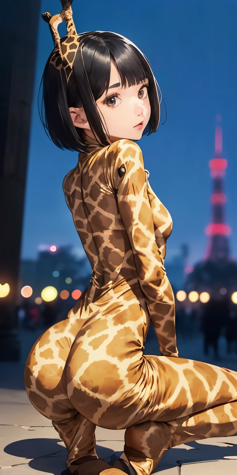 Butt Enhancement Zoom(( girl with short black bob hair))Realistically、(Keep your head low、Get on all fours with your butt sticking out、)Emphasize the tail、Open sexy look、Emphasize cleavage、(((Wearing a full-body giraffe print bodysuit)))、Various sexy poses、background (Arc de Triomphe at night)