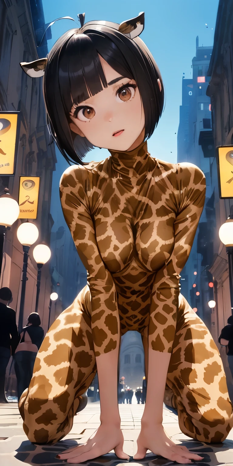 Bigger breasts、Butt Enhancement Zoom((10 year old girl with short black bob hair))Realistically、(Keep your head low、Get on all fours with your butt sticking out、)Emphasize the tail、Open sexy look、Emphasize cleavage、(((Wearing a full-body giraffe print bodysuit)))、Various sexy poses、background (Arc de Triomphe at night)