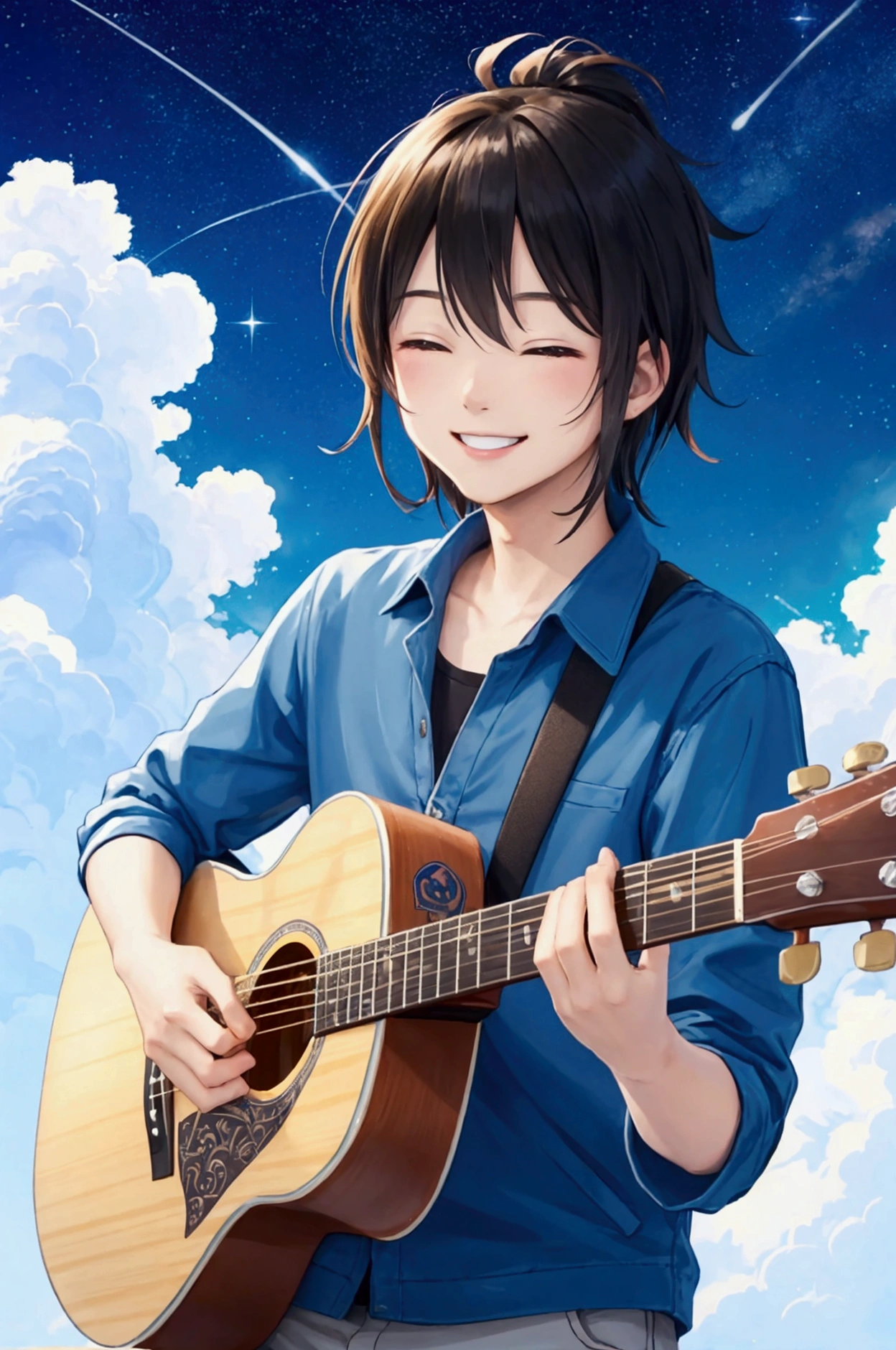 play the guitar、Smiling man、20-year-old、A dynamic organization、Open and sparkling sky background
