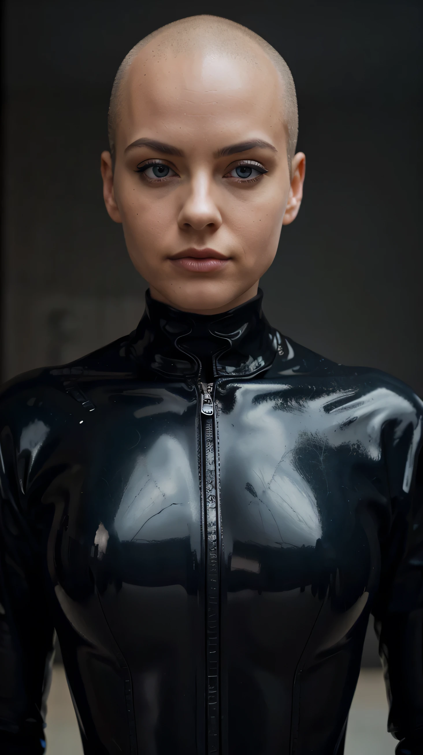 a photo of Esmée,looking into camera,as black latex superhero,wearing a black latex suit,blue eyes,wearing large black latex coat,close up face portrait,having no hair,no lipstick ,85 mm,wearing no sunglasses,looking damn smart