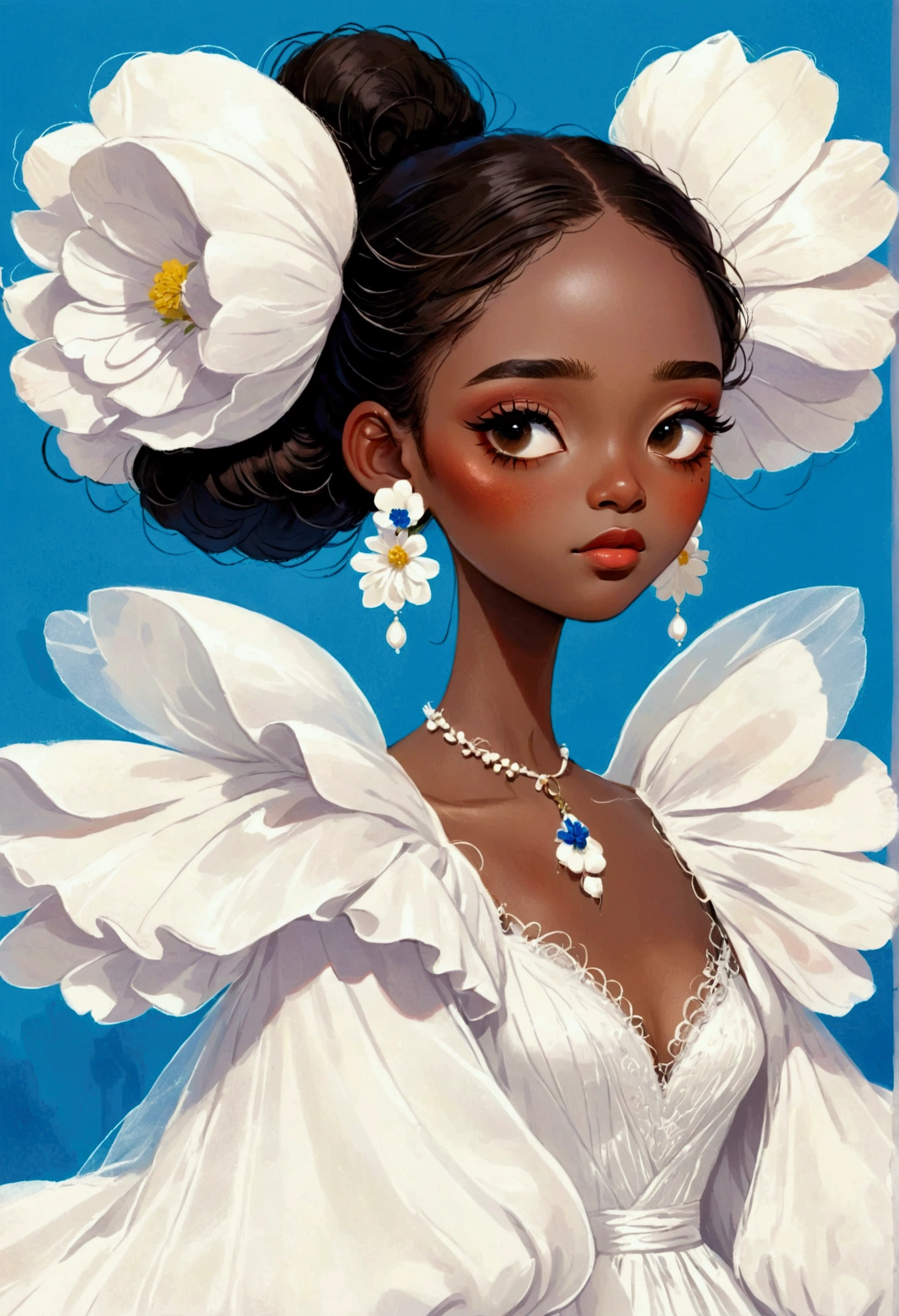 illustration:1 Girl,Dark Skin,Flower Earrings,White exaggerated dress,Exaggerated sleeves,Fluffy white yarn,Blue Background