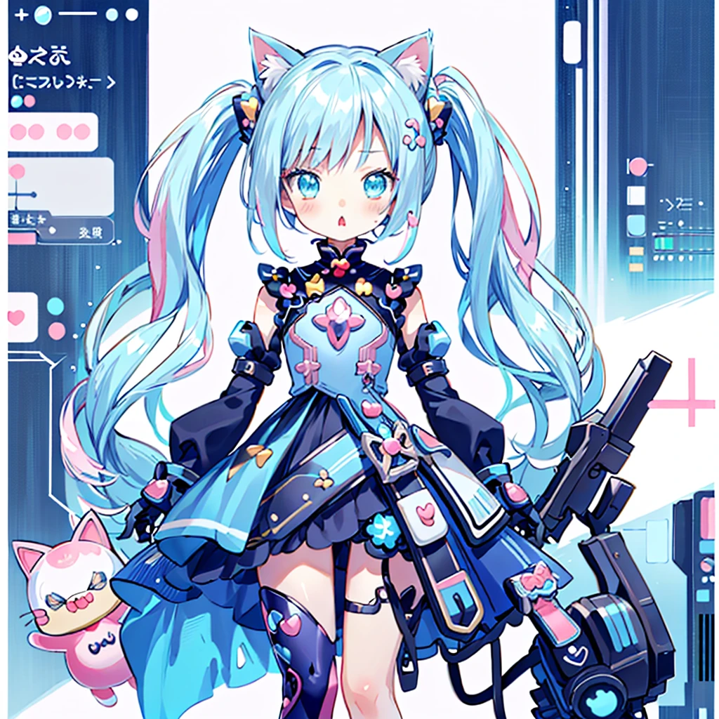 (Kawaii Character:1.4), Cyber Princess, She is immersed in cyber networks, (Special effects), masterpiece, Highest quality, Clear images, Clear images, Clear images, Unrealistic image, Highly detailed background,kawaii tech,Light blue pigtails and cat ears、Simple Background、White background:1.8、