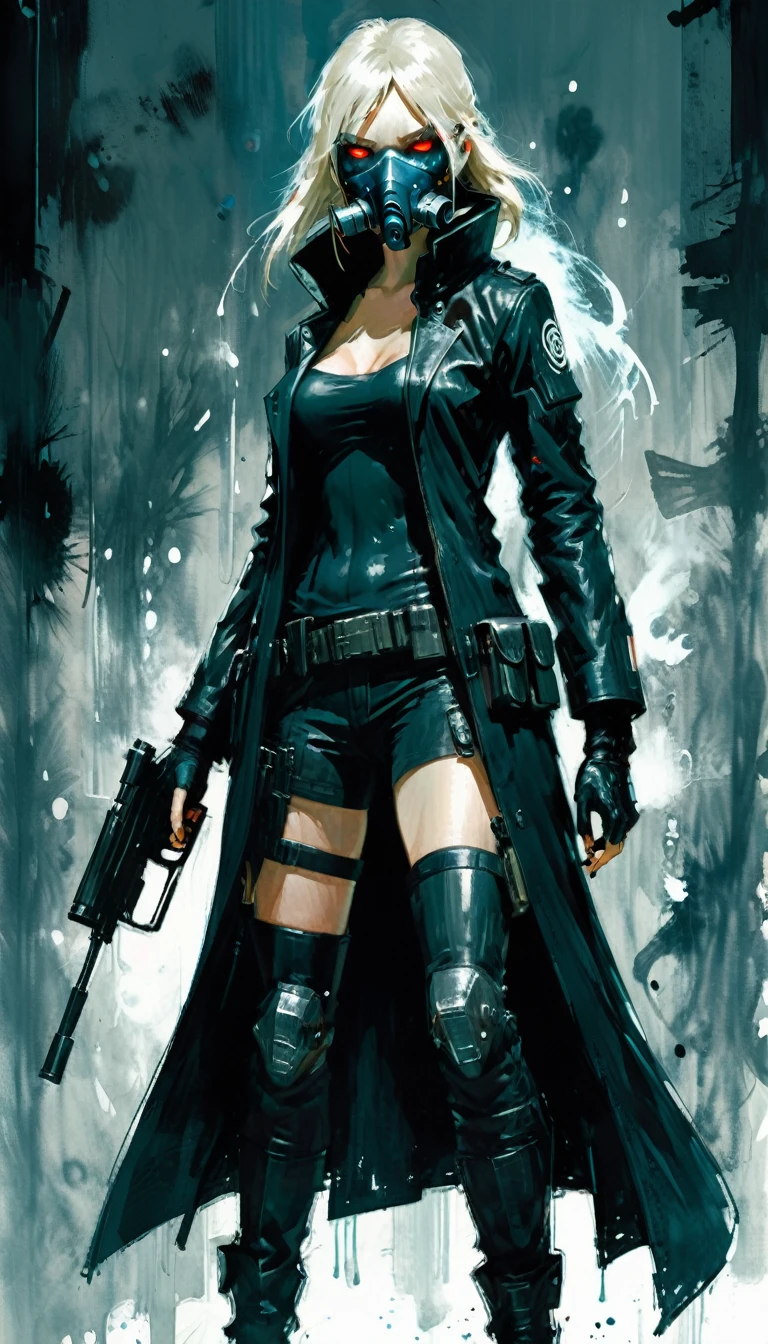 in style of Ashley Wood，1girl,Character Design and Doomsday,Details,glowing steelblue eyes,detailsTextured Skin,Night vision devices，Black leather coat，Tactical masks，Holding a gun，aim action，(aim：1.2),Modified firearmodify heavy firearms