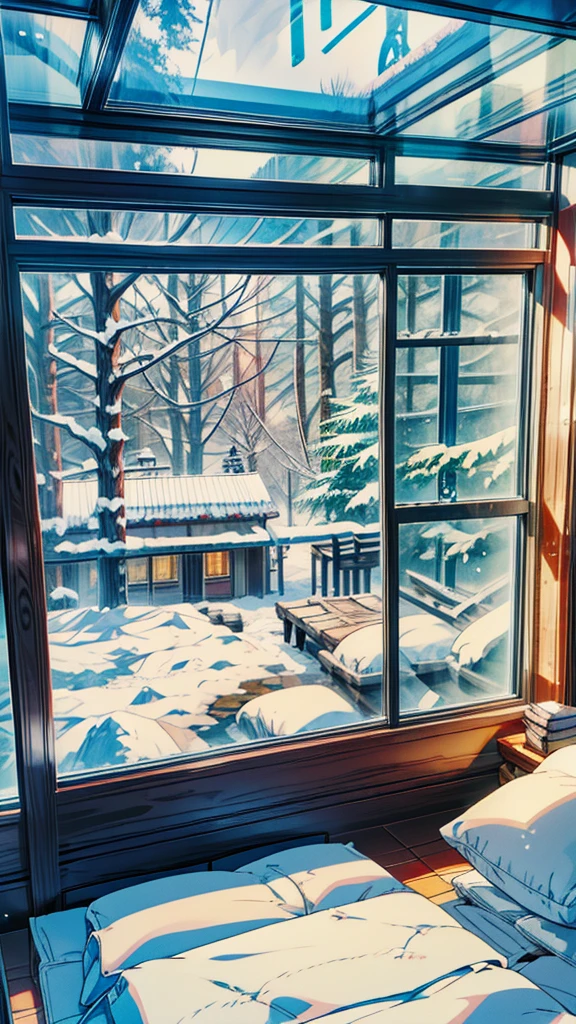 "Create an image of a cozy, modern glass cabin in the middle of a snowy forest. The scene should feature a comfortable, neatly made bed with white bedding and pillows, positioned near large glass windows and a glass ceiling. Outside, snow-covered trees and a serene winter landscape are visible, giving a tranquil and peaceful atmosphere. The interior should feel warm and inviting, contrasting with the cold, snowy scenery outside."