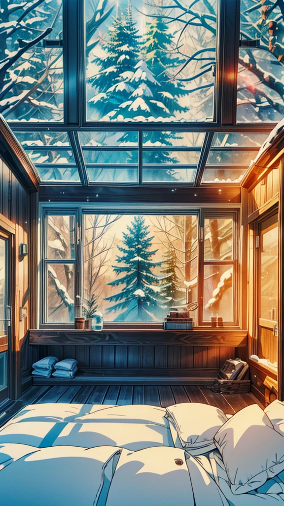 "Create an image of a cozy, modern glass cabin in the middle of a snowy forest. The scene should feature a comfortable, neatly made bed with white bedding and pillows, positioned near large glass windows and a glass ceiling. Outside, snow-covered trees and a serene winter landscape are visible, giving a tranquil and peaceful atmosphere. The interior should feel warm and inviting, contrasting with the cold, snowy scenery outside."