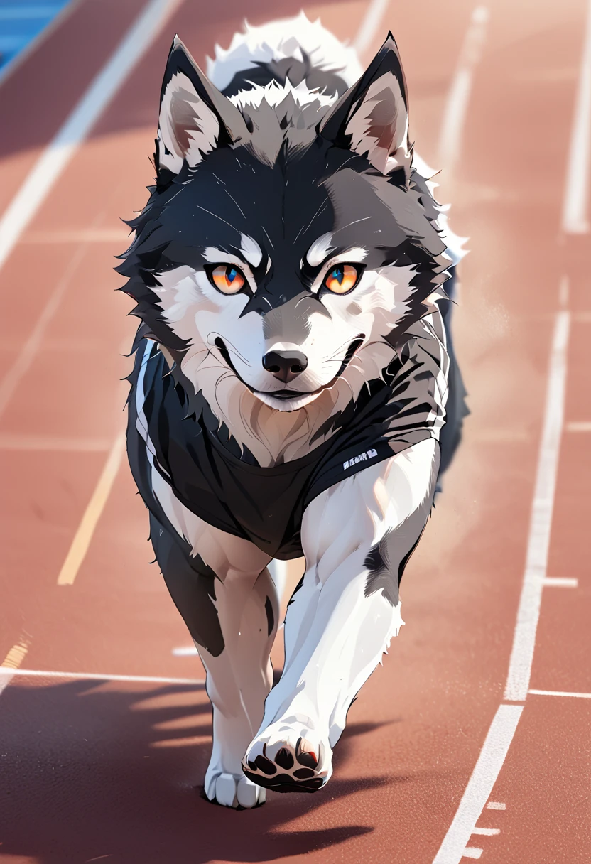 a photo finish shoot of a muscular anthomorph wolf on the running lane,  ((full body shot: 1.5)), ((anatomically correct: 1.5)) (ultra detailed face: 1.2), dynamic fur color, intense eyes, determined look, he is wearing running t shirt, sports shoes, running lane in an athlete stadium in the Olympics,  vibrant, Ultra-high resolution, High Contrast, (masterpiece:1.5), highest quality, Best aesthetics), best details, best quality, highres, 16k, [ultra detailed], masterpiece, best quality, (extremely detailed) RAW, (ultra details, Masterpiece, best quality), Cinematic Hollywood Film, Intense gaze