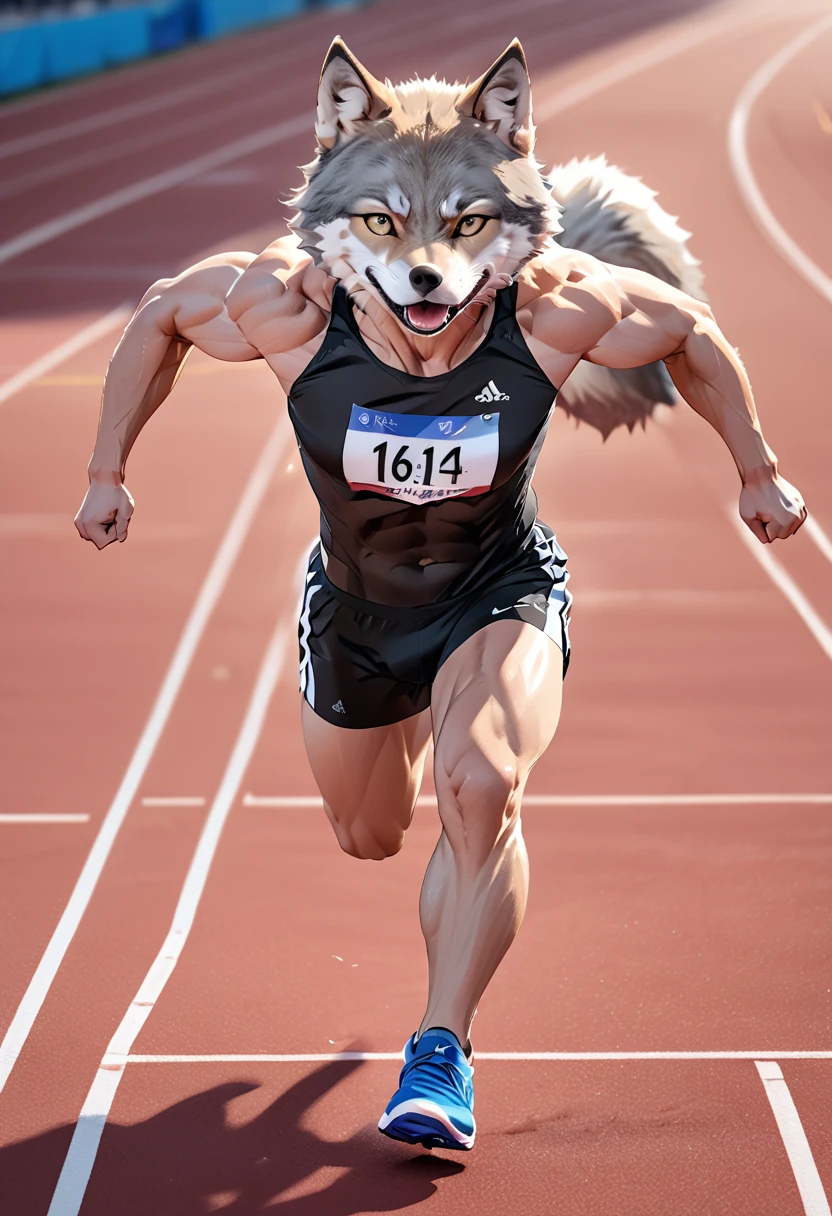 a photo finish shoot of a muscular anthomorph wolf on the running lane,  ((full body shot: 1.5)), ((anatomically correct: 1.5)) (ultra detailed face: 1.2), dynamic fur color, intense eyes, determined look, he is wearing running t shirt, sports shoes, running lane in an athlete stadium in the Olympics,  vibrant, Ultra-high resolution, High Contrast, (masterpiece:1.5), highest quality, Best aesthetics), best details, best quality, highres, 16k, [ultra detailed], masterpiece, best quality, (extremely detailed) RAW, (ultra details, Masterpiece, best quality), Cinematic Hollywood Film, Intense gaze