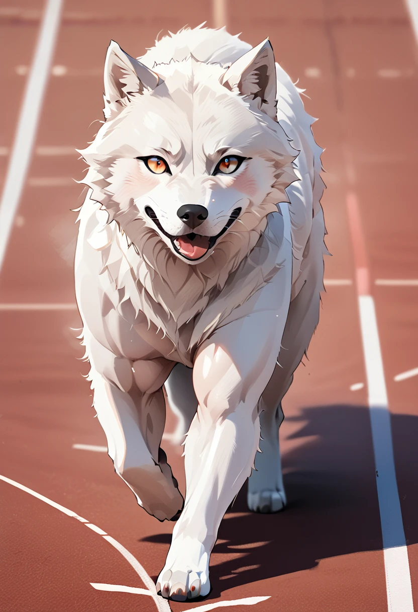 a photo finish shoot of a muscular anthomorph wolf on the running lane,  ((full body shot: 1.5)), ((anatomically correct: 1.5)) (ultra detailed face: 1.2), dynamic fur color, intense eyes, determined look, he is wearing running t shirt, sports shoes, running lane in an athlete stadium in the Olympics,  vibrant, Ultra-high resolution, High Contrast, (masterpiece:1.5), highest quality, Best aesthetics), best details, best quality, highres, 16k, [ultra detailed], masterpiece, best quality, (extremely detailed) RAW, (ultra details, Masterpiece, best quality), Cinematic Hollywood Film, Intense gaze