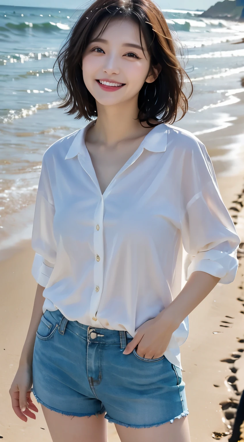 A woman with a natural smile, tilting her head slightly and looking at the camera。With straight black hair、Natural makeup。Shooting on the beach with waves lapping。Less exposure、Wearing a shirt and shorts