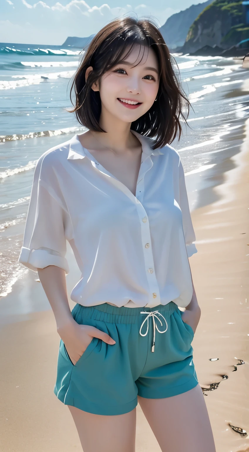 A woman with a natural smile, tilting her head slightly and looking at the camera。With straight black hair、Natural makeup。Shooting on the beach with waves lapping。Less exposure、Wearing a shirt and shorts