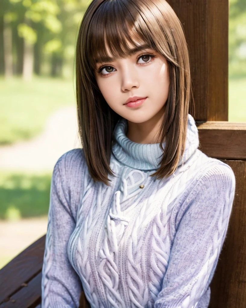 pureerosface_v1:0.3, best quality, photorealistic, 8k, high res, full color, 1girl, woman, 20 years old woman, (closed mouth:1.43), (skindentation), (portrait:0.6), trees, park bench, daylight, ((park background:1.52)), full color, ((necksweater:1.68)), looking at viewer:1.8, (1girl eyes looking at viewer:1.55), (medium-length hair, brownhair, partedbangs:1.45), (bokeh),