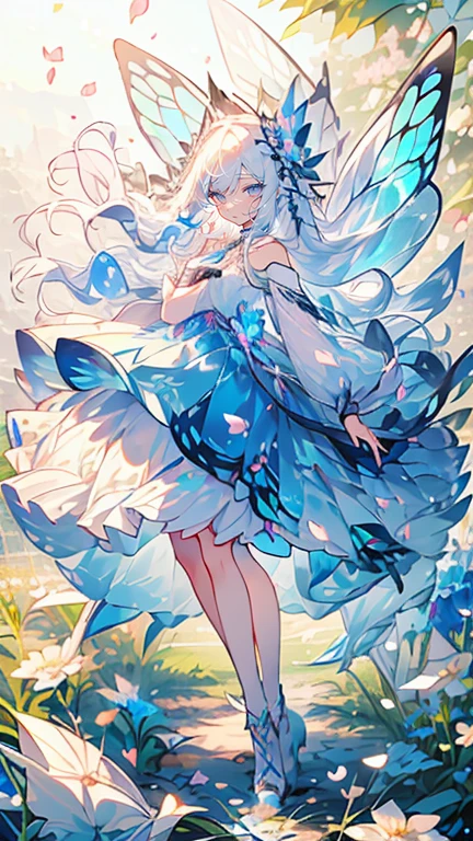 (Mastepiece), (Best Quality), Very detailed, 1 girl, Solo full body shot, Perfect Face, beautiful girl, Very detailedな顔，(Long white hair:1.5)，(blue eyes:1.4)，(Lots of butterflies々:1.2)、(Flower Field:1.4)、(Lots of petals:1.3)、(gem:1.3)、(smile:1.3)