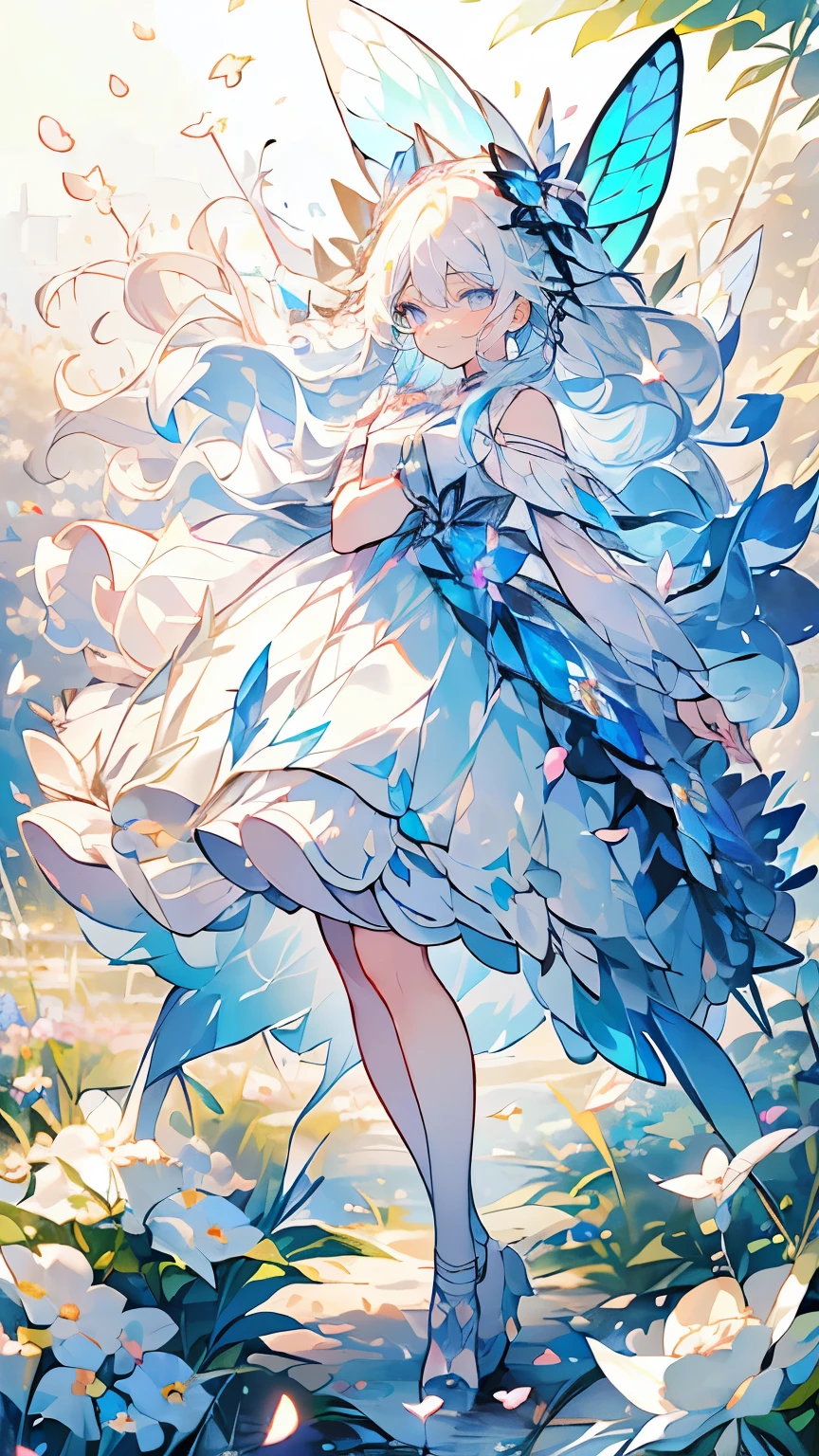 (Mastepiece), (Best Quality), Very detailed, 1 girl, Solo full body shot, Perfect Face, beautiful girl, Very detailedな顔,(Long white hair:1.5),(blue eyes:1.4),(Lots of butterflies々:1.2)、(Flower Field:1.4)、(Lots of petals:1.3)、(gem:1.3)、(smile:1.3)