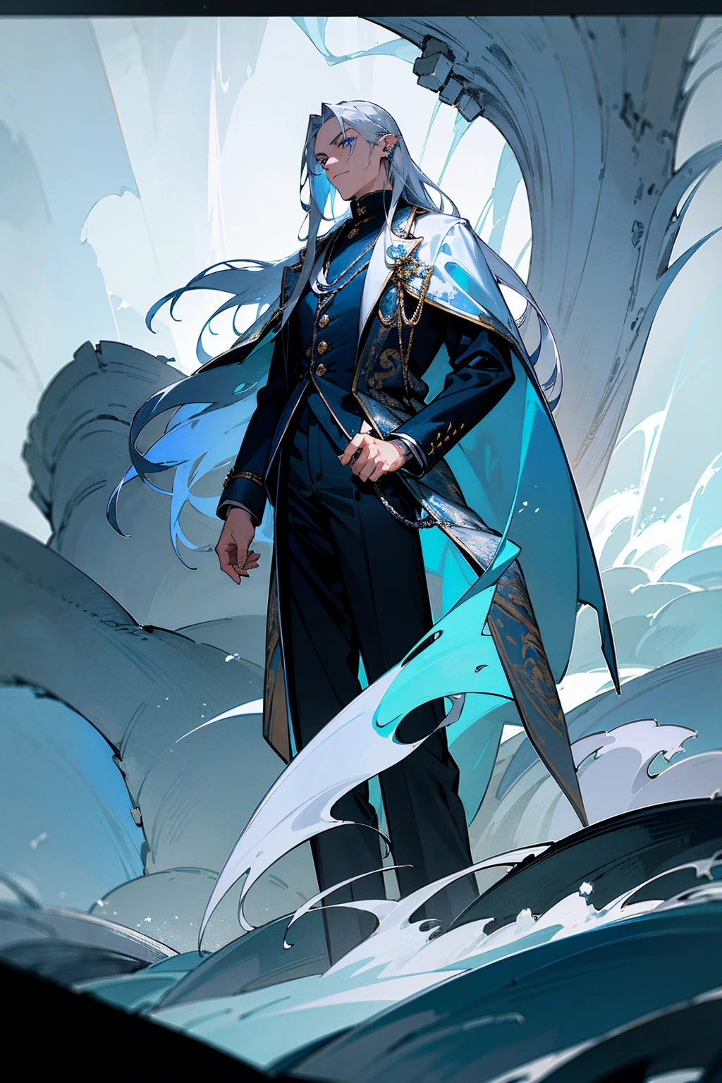 Masterpiece, 8k, a young man with long, flowing silver hair and piercing blue eyes. He wears a navy blue coat with silver dragon embroidery, black trousers, and tall boots. The backdrop is a stormy coastline with crashing waves and lightning in the distance. Standing on path.