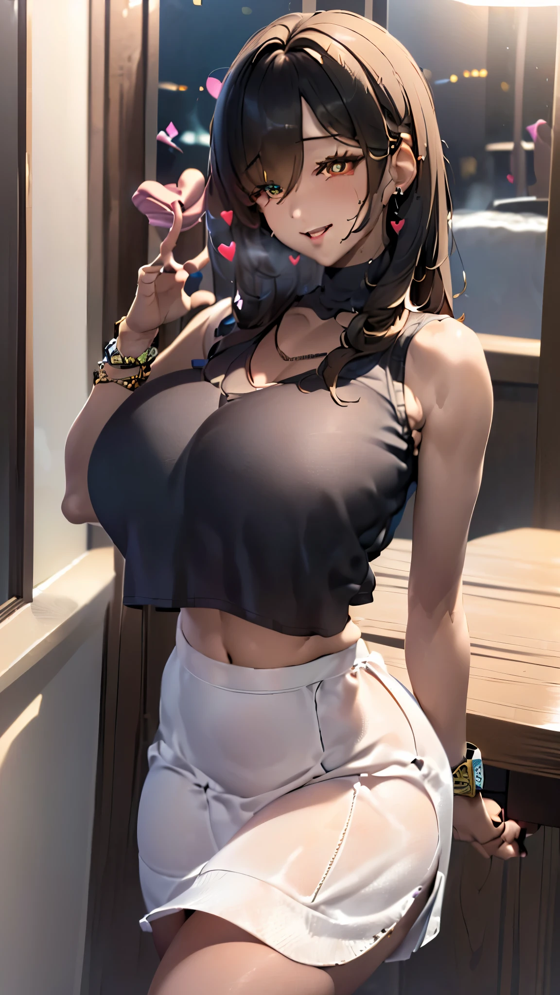  ((((Open your mouth))))、(masterpiece,Realistic depiction、Highest quality,High resolution, Top-of-the-line specifications、Very detailed,bb Festival),skinny,Ahoge,Black Hair,(((((  Captivating smile 、Perfect Fingers )))) ,((Heart-shaped pupils:1.3, Blowjob Gestures:1.5))、Open your mouth,Heavy breathing ,、(Dark Room:1.5, Dim lighting:1.5)、Sharp Eye、White skin、Dark Hair、Long Hair、milf, Sleeveless Summer Sweater、High waist mini skirt、((Mega Big Tits)), Dark Fishnet、Dark High Heeleet at the door of the love hotel