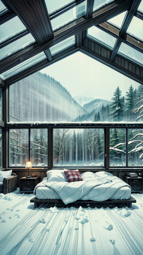 "Create an image of a cozy, modern glass cabin in the middle of a snowy forest. The scene should feature a comfortable, neatly made bed with white bedding and pillows, positioned near large glass windows and a glass ceiling. Outside, snow-covered trees and a serene winter landscape are visible, giving a tranquil and peaceful atmosphere. The interior should feel warm and inviting, contrasting with the cold, snowy scenery outside."