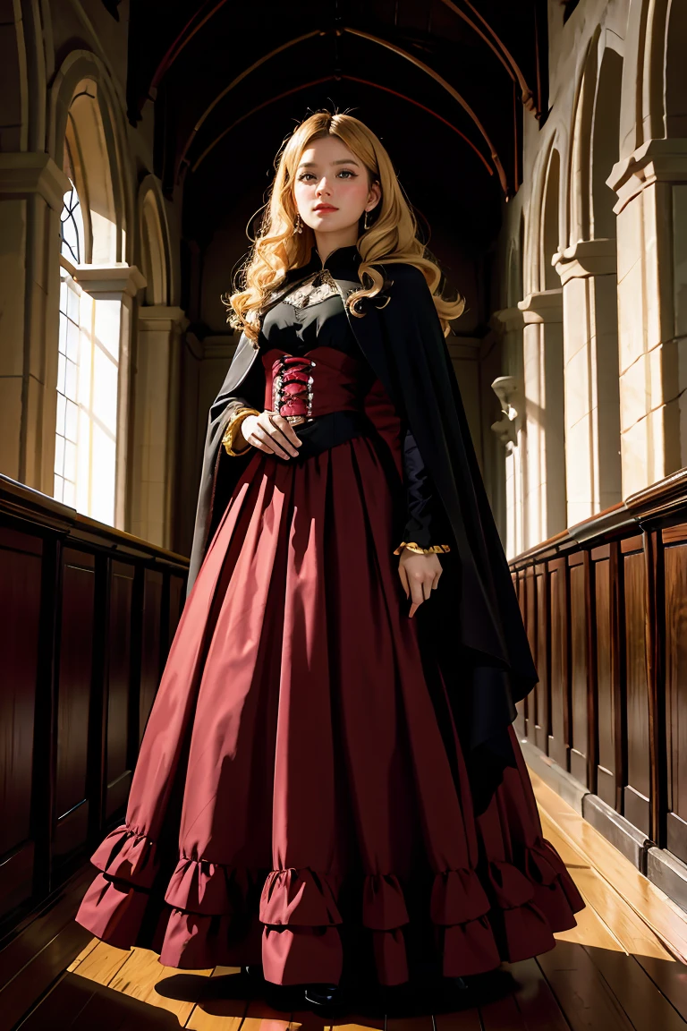 1girl, dark soul, dim light, old church, mature female, slim, tall, long blonde curly hair, long black cape, red leotardy long skirt, long skirt with diamond, gold bracelet, 8k, Official style, European aristocracy,