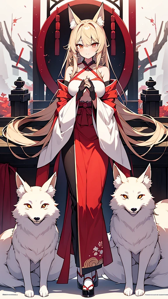 Full body image，{{A fox spirit that took over the body of a shrine maiden and transformed it into her own face and chest.}}，One girl,alone,, Official Art, unity 8k wallpaper, Super detailed, beautiful and aesthetic, beautiful, masterpiece, Highest quality,, Fox Witch, Girl&#39;s face skin Template, Haori, Foxfire Spells, Fox familiar, conversion, NSFW