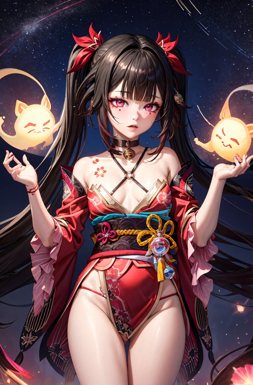 1 girl, Pretty Face, Perfect body, spark, Collapse: Star Trails, Neon City, Perfectly drawn hands,lol,Small Breasts,Ripped clothes,kimono,Panting,Close one eye,ecstasy,Female ghost,From the back,Damaged clothes,White lingerie