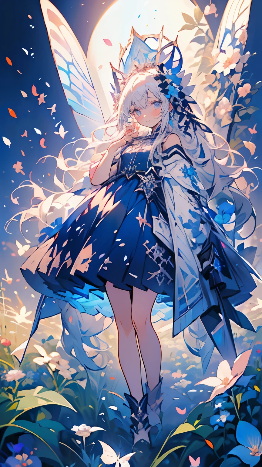 (Mastepiece), (Best Quality), Very detailed, 1 girl, Solo full body shot, Perfect Face, beautiful girl, Very detailedな顔,(Long white hair:1.5),(blue eyes:1.4),(Lots of butterflies々:1.2)、(Flower Field:1.4)、(Lots of petals:1.3)、(gem:1.3)、(smile:1.3)