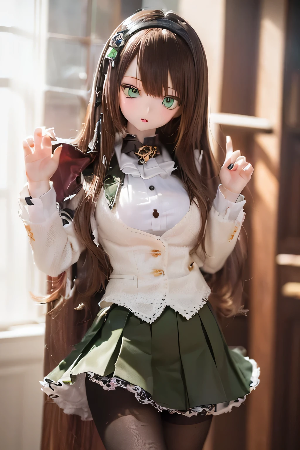 (SFW:2), photorealistic, realistic photo, 8k, ((highest quality)), ((masterpiece)), (extremely detailed), kukolnydom, doll, (mature woman, 21yo, 21 years old, looking at viewer, solo:1.6), ((cowboy shot, standing, slim, slender, skinny, medium breasts, hairband, ascot, dress shirt, long puff sleeves, pleated skirt, black pantyhose)), (green eyes, brown hair, long hair, plastic skin, glass eyes, gradient eyes, shining eyes, detailed eyes:1.3)